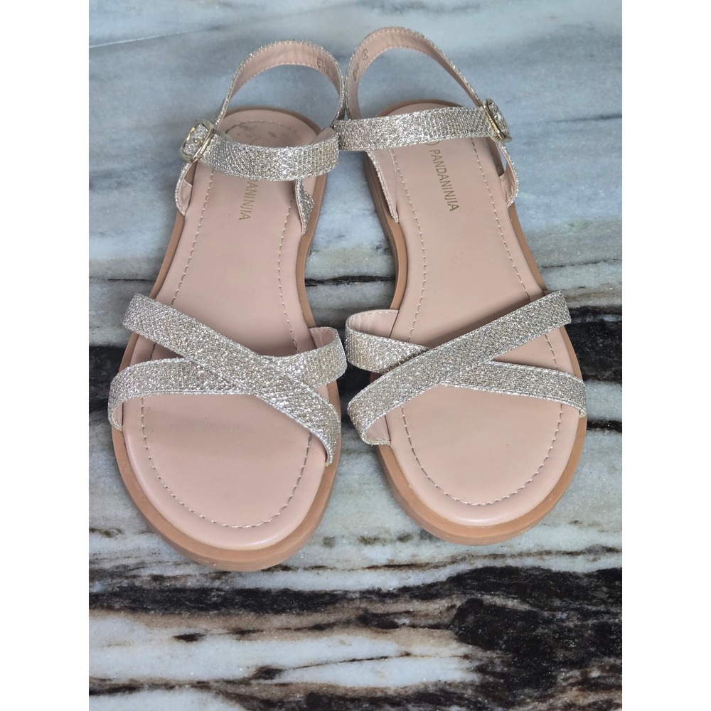 Pandaninjia Elva Champagne Gold Glitter Crisscross Ankle Strap‎ Sandals Size 4